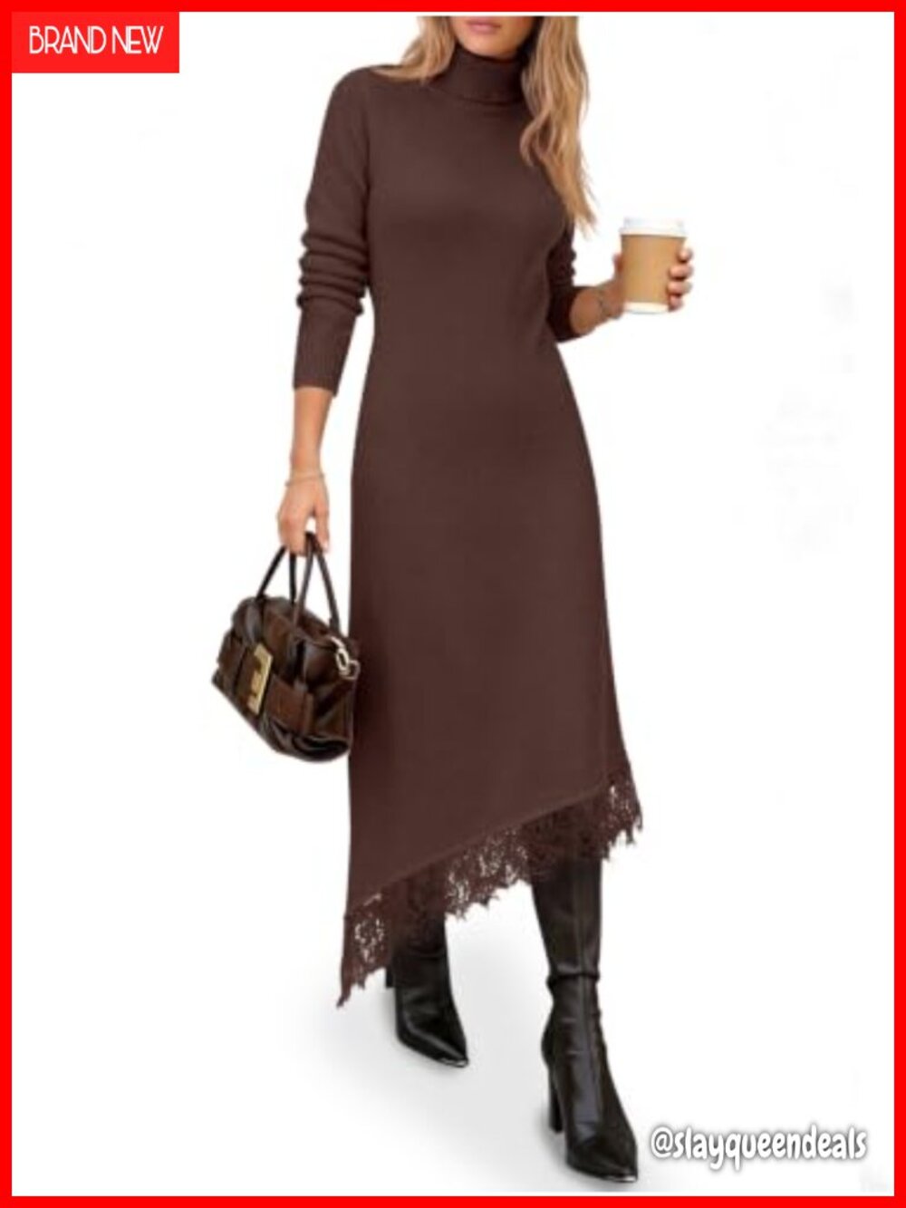 Turtleneck Sweater Dress Lace Patchwork Knit Midi Fitted Pullover